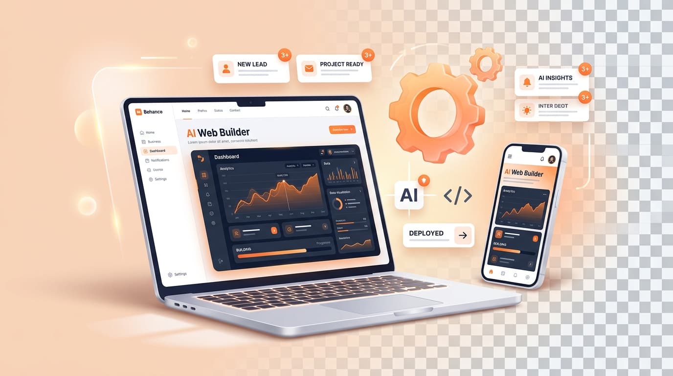 AI website development with responsive laptop, mobile app, and intelligent analytics dashboard