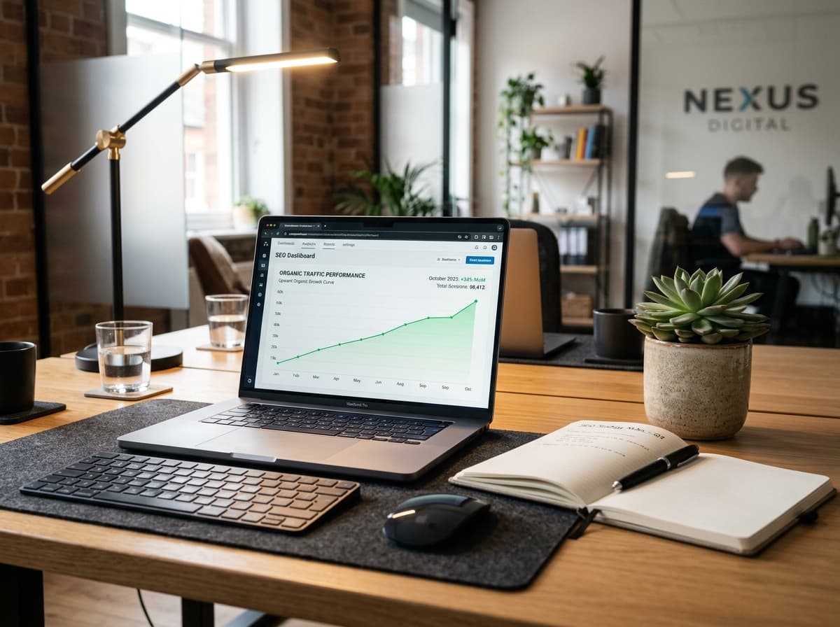 SEO analytics dashboard on a laptop displaying upward organic performance graph