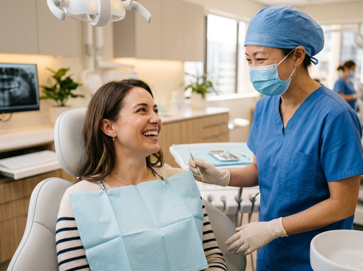 Smiling patient receiving dental care in modern clean dental clinic