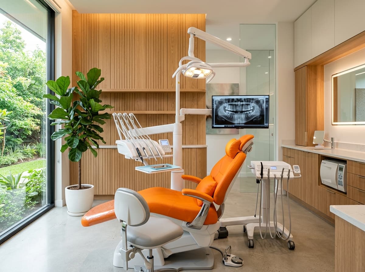 Modern clean dental treatment operatory room with orange dental chair