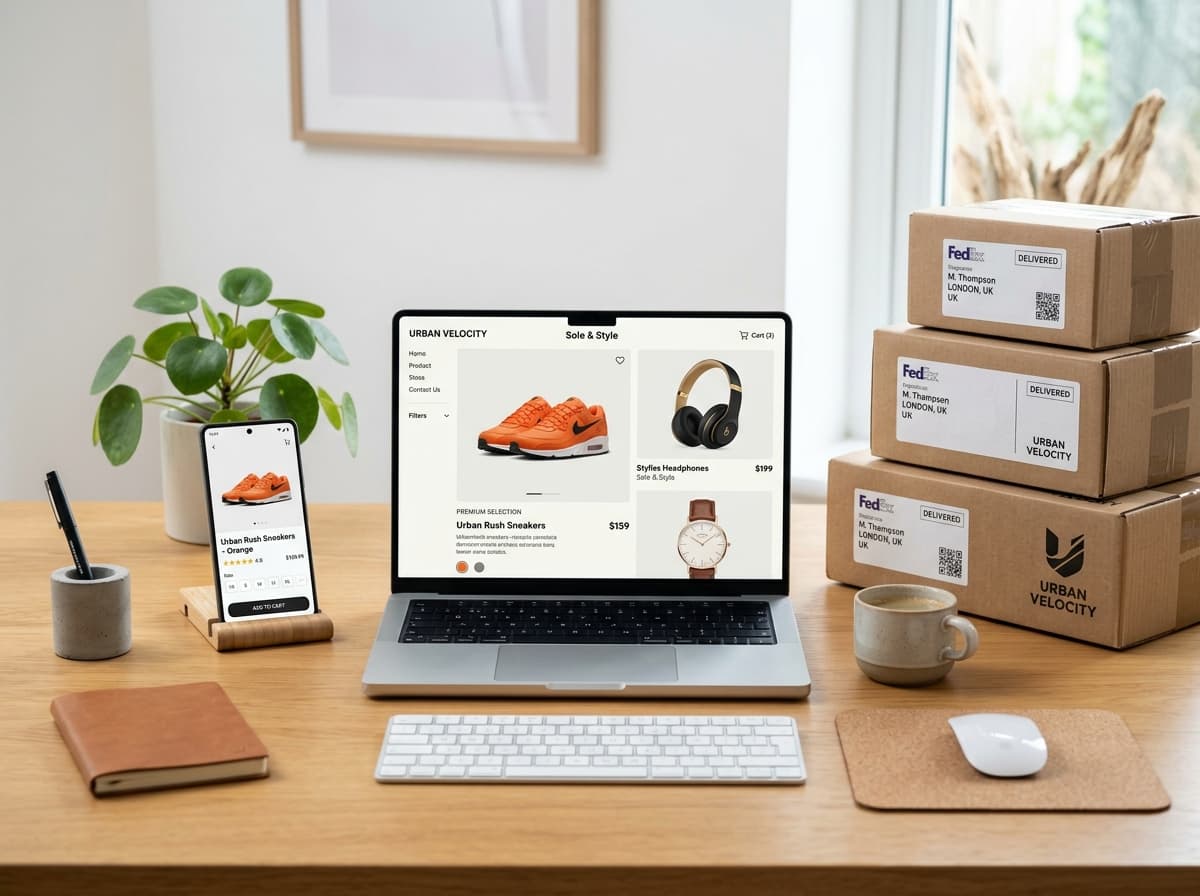 Modern online store on laptop and mobile device beside packaging boxes