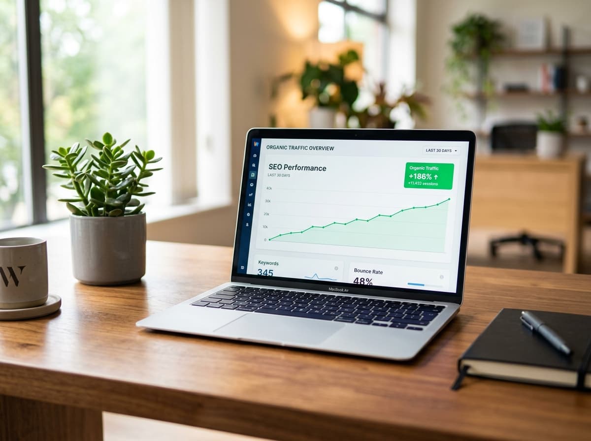 Illustrative SEO analytics dashboard on a laptop surrounded by industry labels